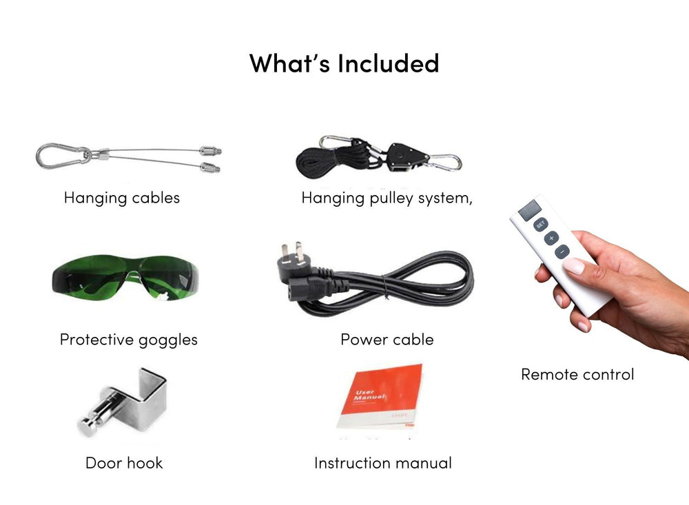 Baxter Blue Red Light Therapy Max Included items - hanging cables, hanging pulley system, protective goggles, power cable, door hook, remote control, instruction manual
