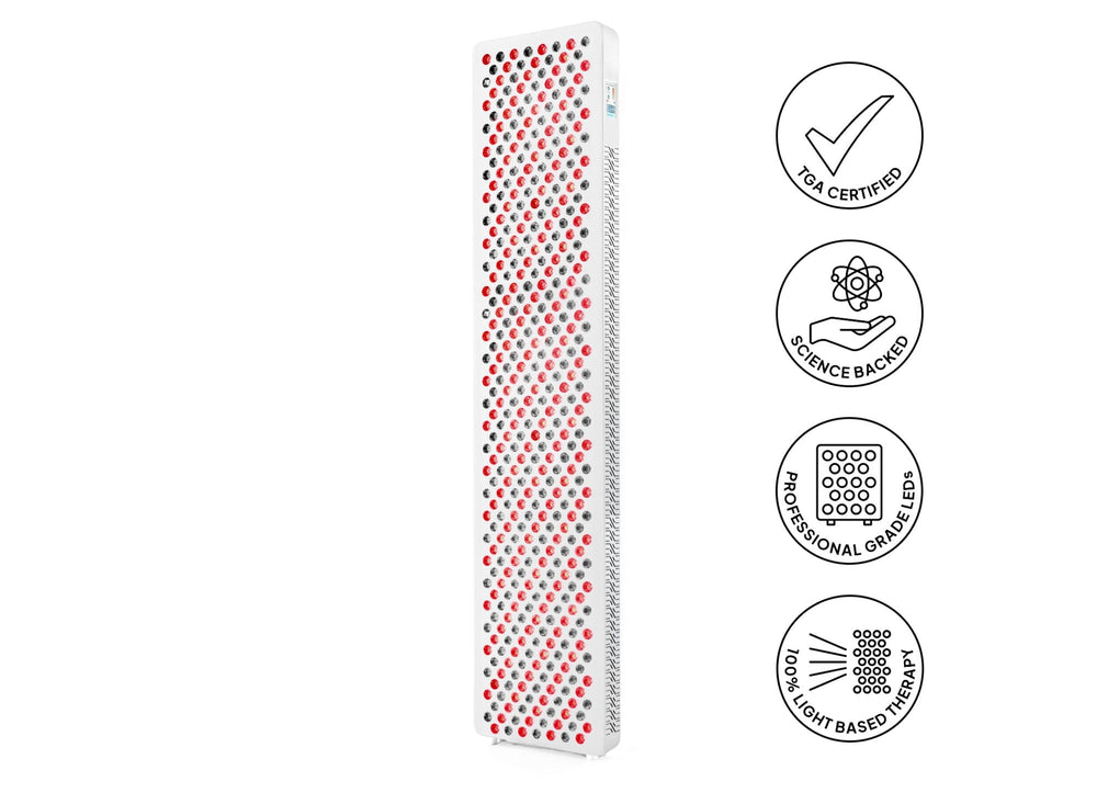 Baxter Blue Red Light Therapy Pro Max Device 45 degree angle with 450 dual-chip LEDs and sleek vertical design