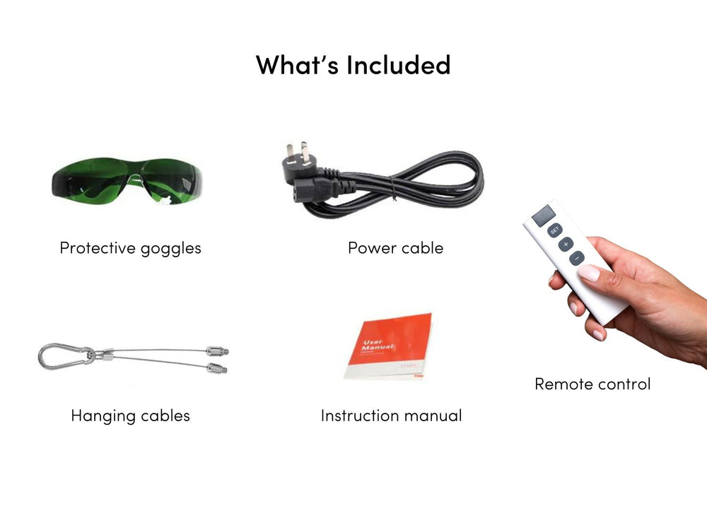 Baxter Blue Red Light Therapy Table Top included items - protective goggles, power cable, hanging cables, instruction manual, remote control