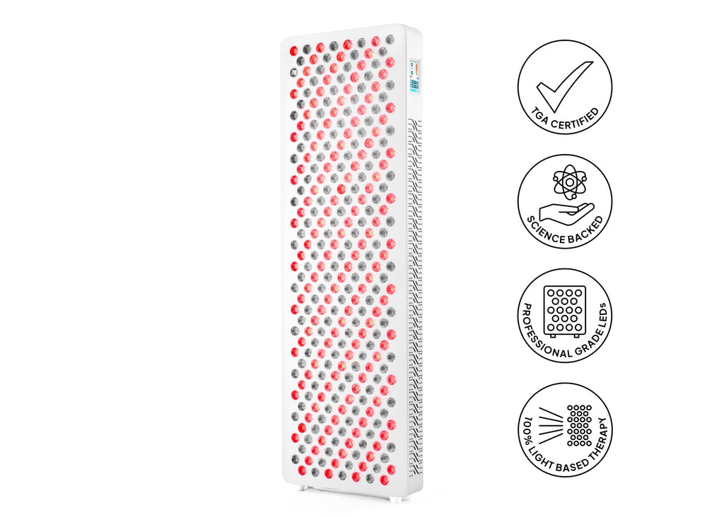 Ultra Max Red Light Therapy Device 45 degree view with benefits