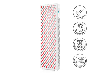 Ultra Max Red Light Therapy Device 45 degree view with benefits