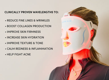 Baxter_Blue_Red_Light_Therapy_Face_Mask_on woman with benefits written Red and near-infrared light wavelengths targeting skin rejuvenation and collagen production