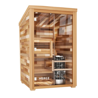 Angled view of a 2-person outdoor traditional sauna with wooden exterior