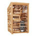 Angled view of a 2-person outdoor traditional sauna with wooden exterior