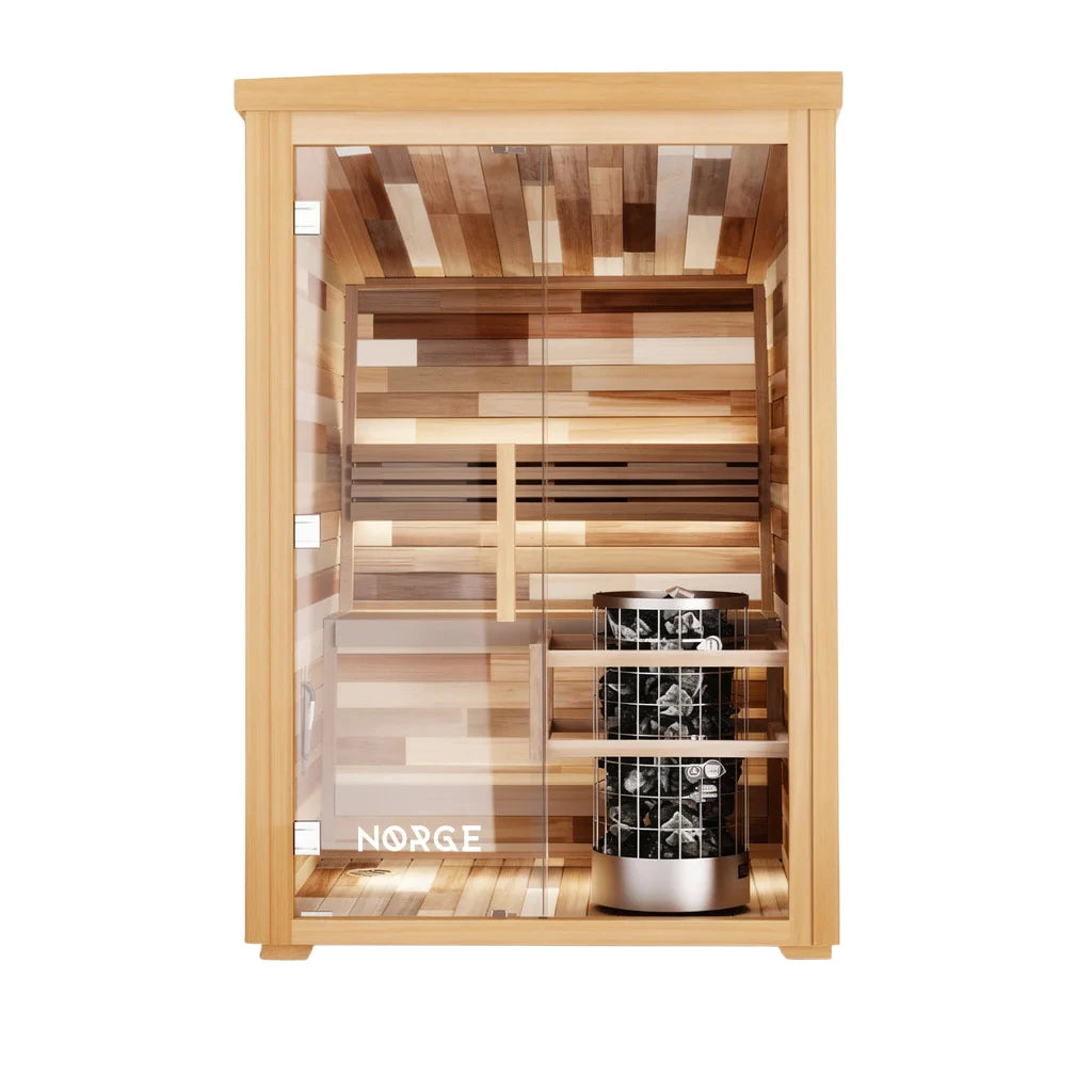 Front view of a 2-person outdoor traditional sauna with glass door and timber exterior