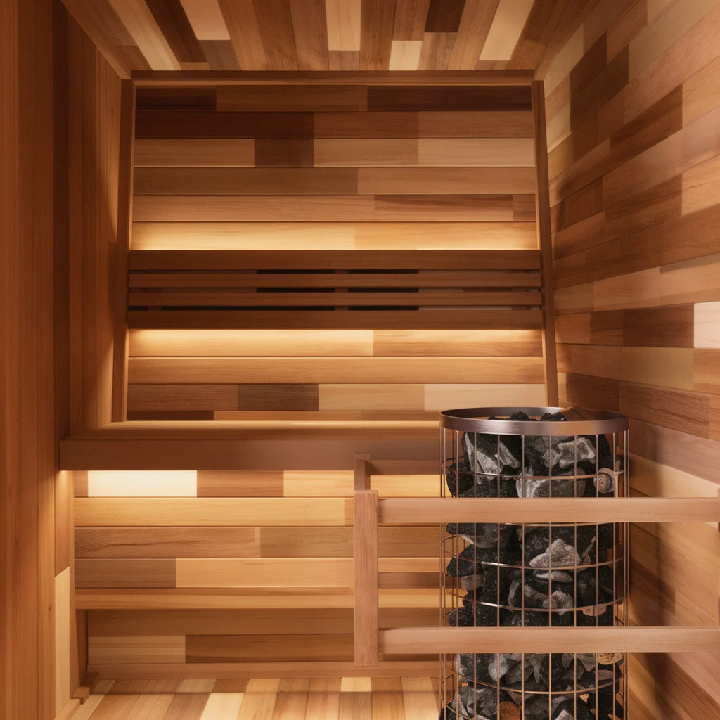 Interior view of a 2-person traditional sauna with seating and heater