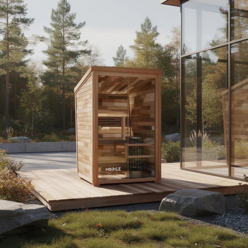 A 2-person outdoor traditional sauna shown in a natural setting