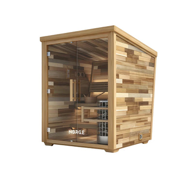 Angled view of a 4-person outdoor traditional sauna with wooden exterior
