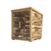 Angled view of a 4-person outdoor traditional sauna with wooden exterior