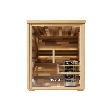 Front view of a 4-person outdoor traditional sauna with glass door and timber exterior