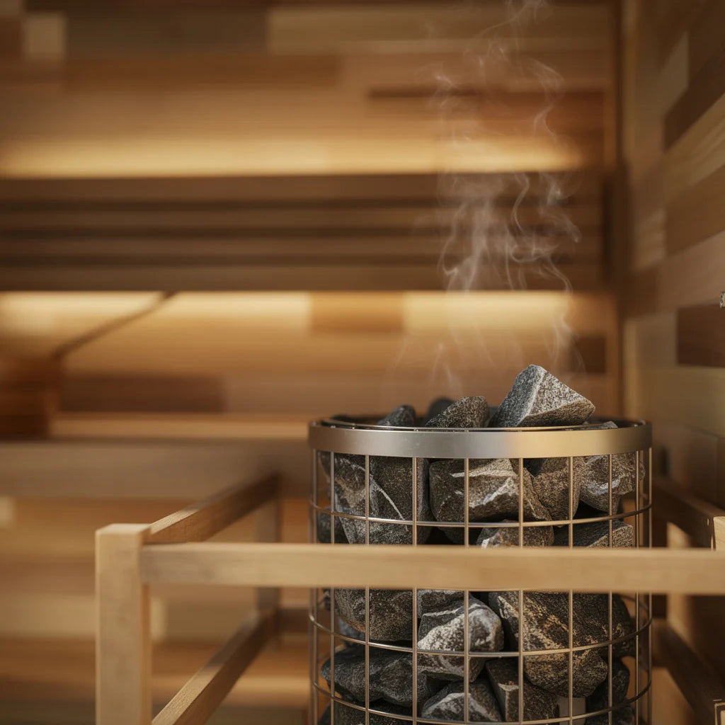 Close-up of traditional sauna heater with stones inside a 4-person outdoor sauna
