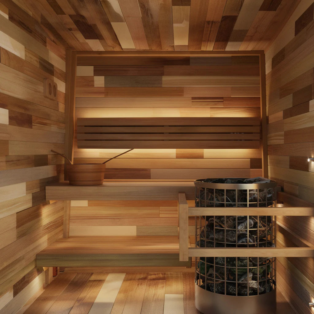 Interior view of a 4-person traditional sauna with seating and heater
