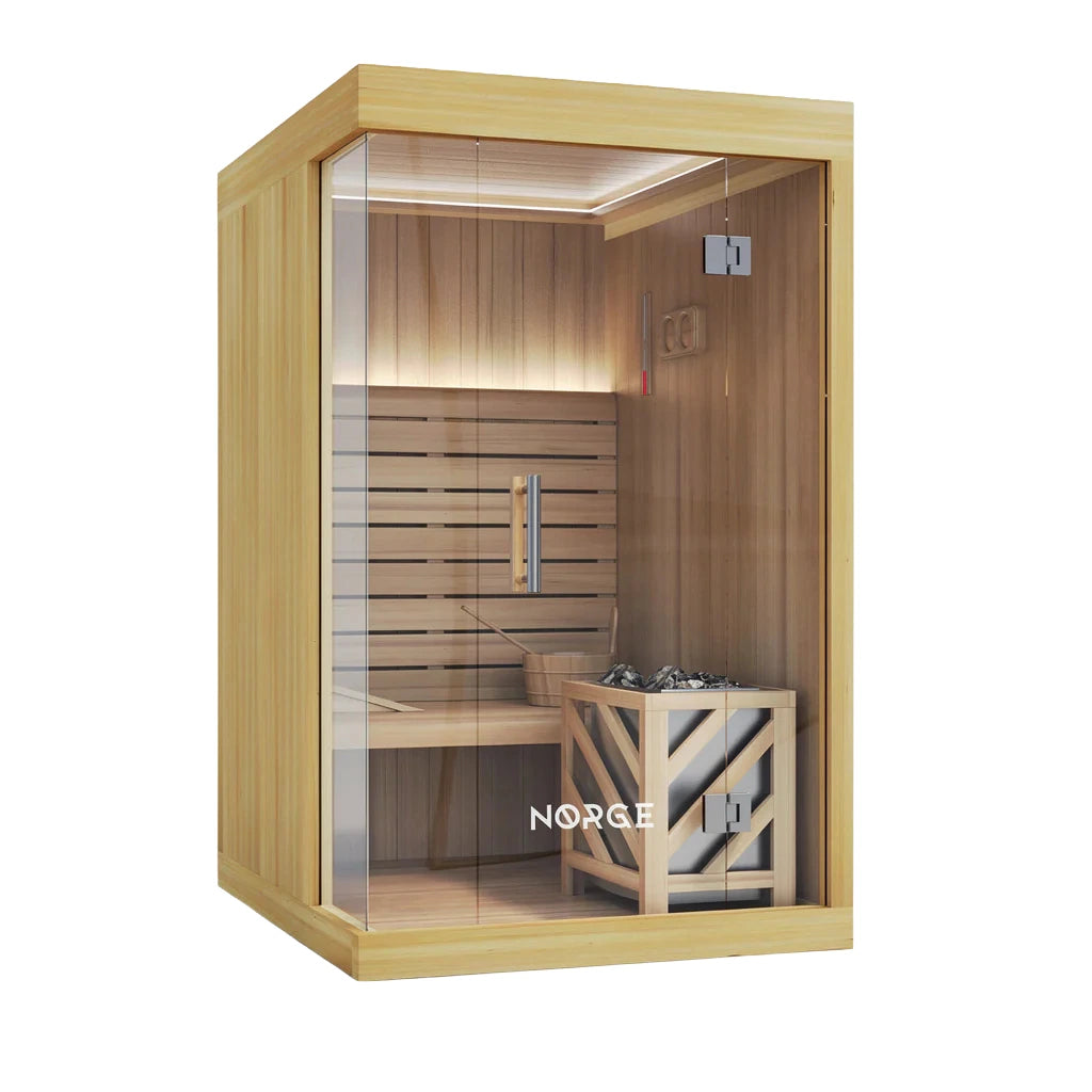 Angled view of a 2-person indoor traditional sauna with wooden exterior