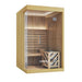 Angled view of a 2-person indoor traditional sauna with wooden exterior