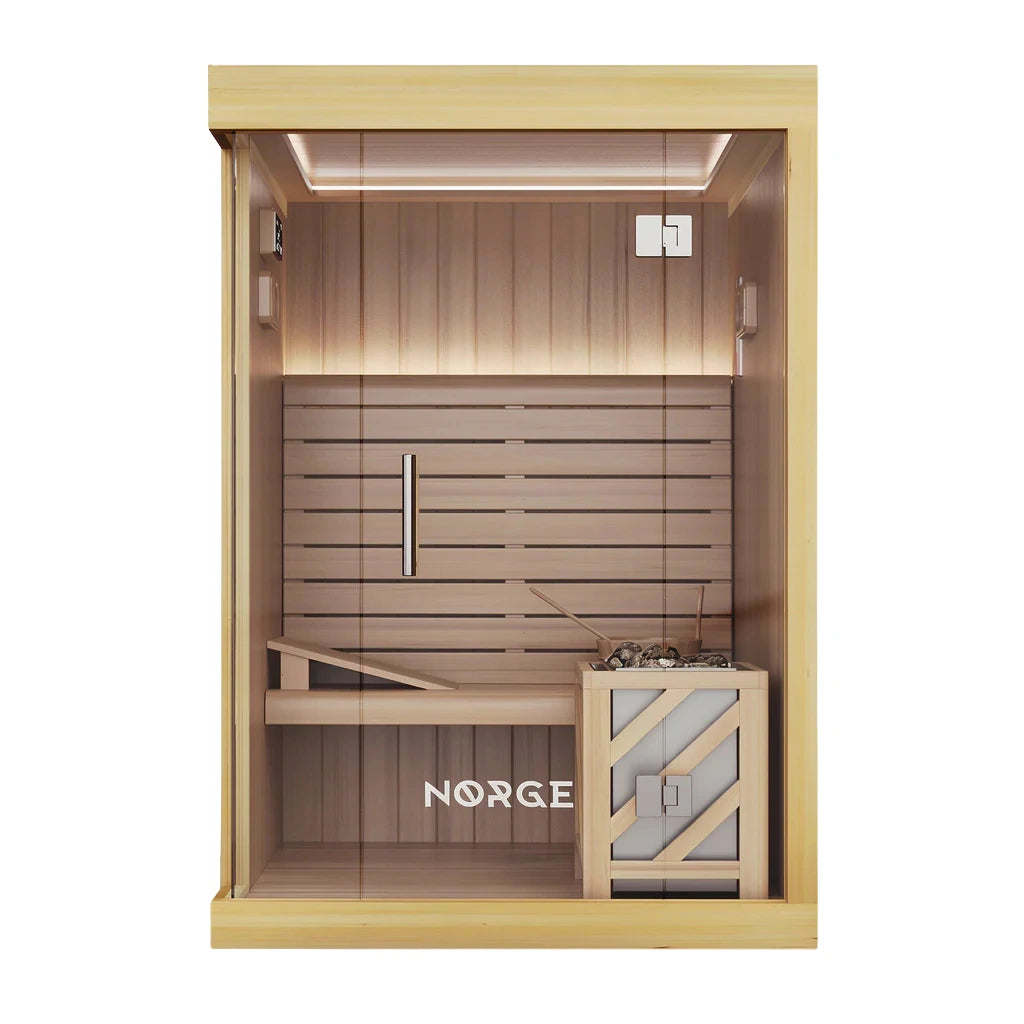 Front view of a 2-person indoor traditional sauna with glass door and timber exterior