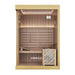 Front view of a 2-person indoor traditional sauna with glass door and timber exterior