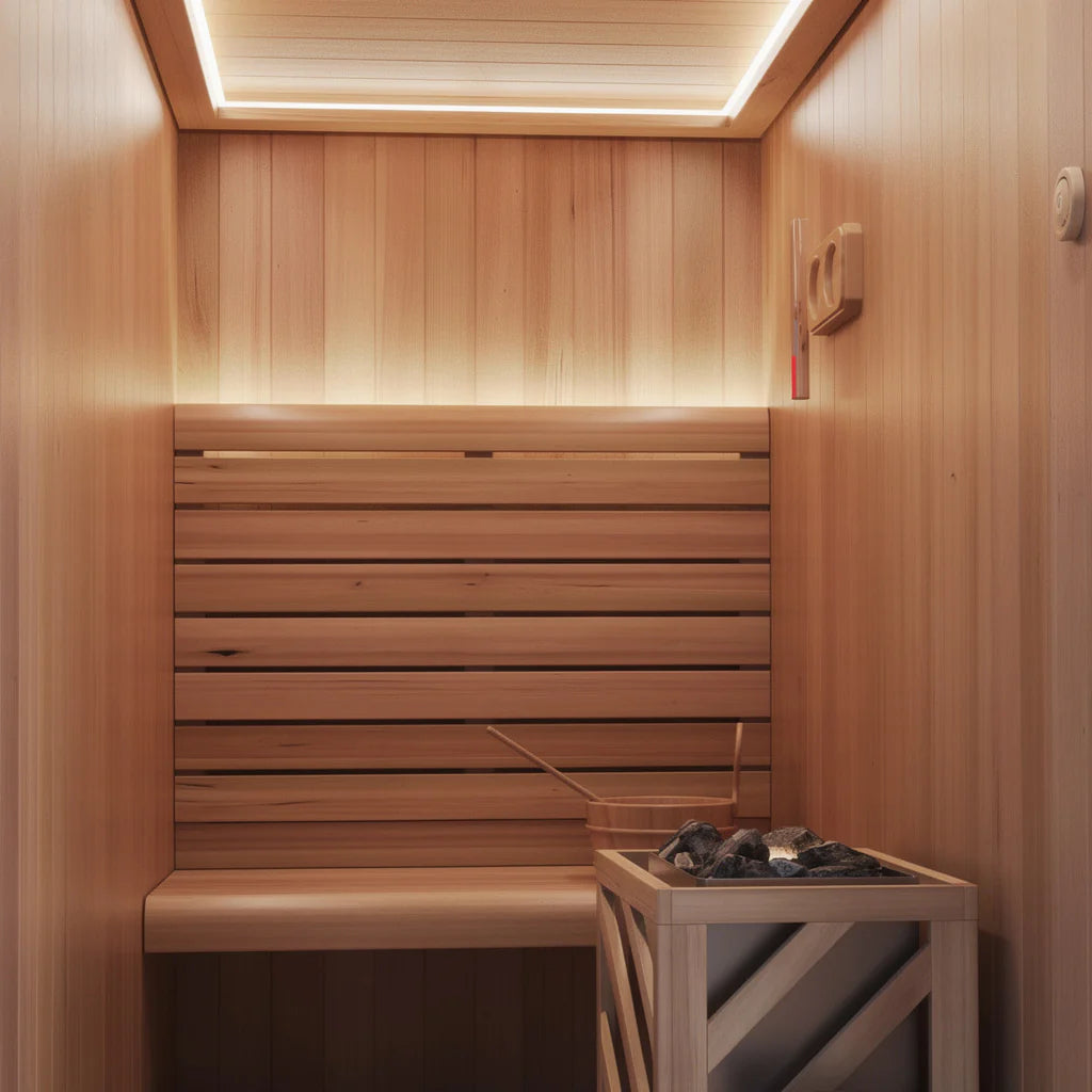 Interior view of a 2-person traditional sauna with seating and heater