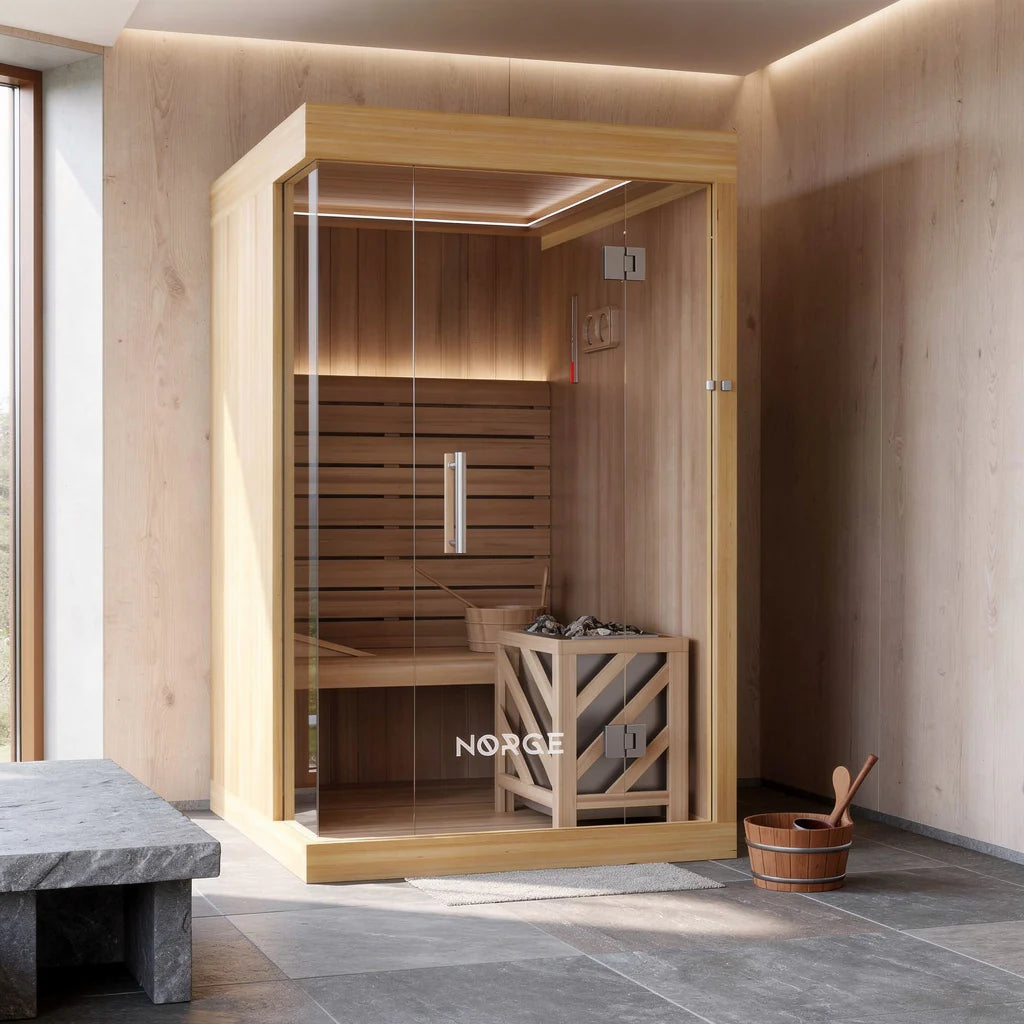 A 2-person indoor traditional sauna shown in a home setting