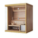 Angled view of a 4-person indoor traditional sauna with wooden exterior