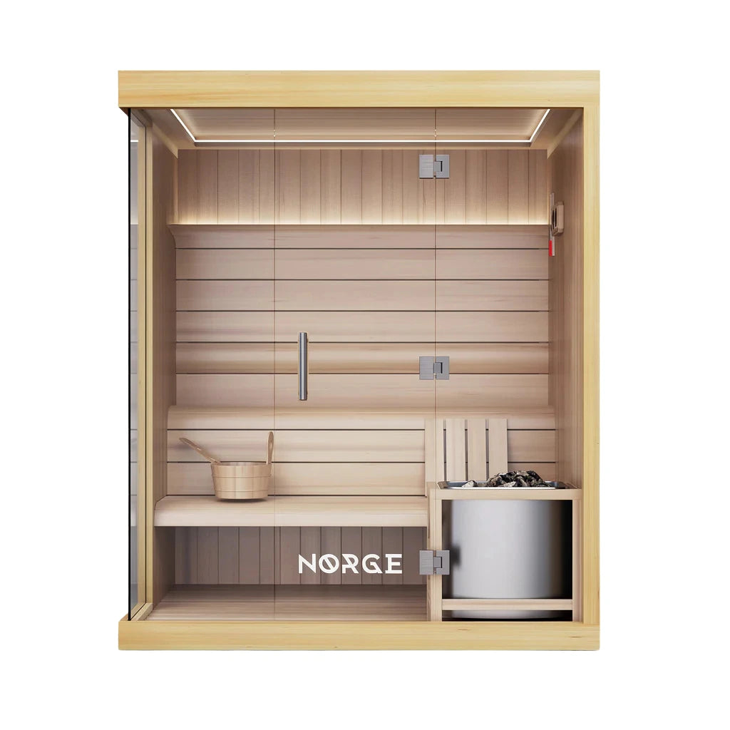 Front view of a 4-person indoor traditional sauna with glass door and timber exterior