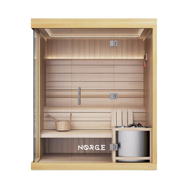 Front view of a 4-person indoor traditional sauna with glass door and timber exterior