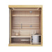 Front view of a 4-person indoor traditional sauna with glass door and timber exterior