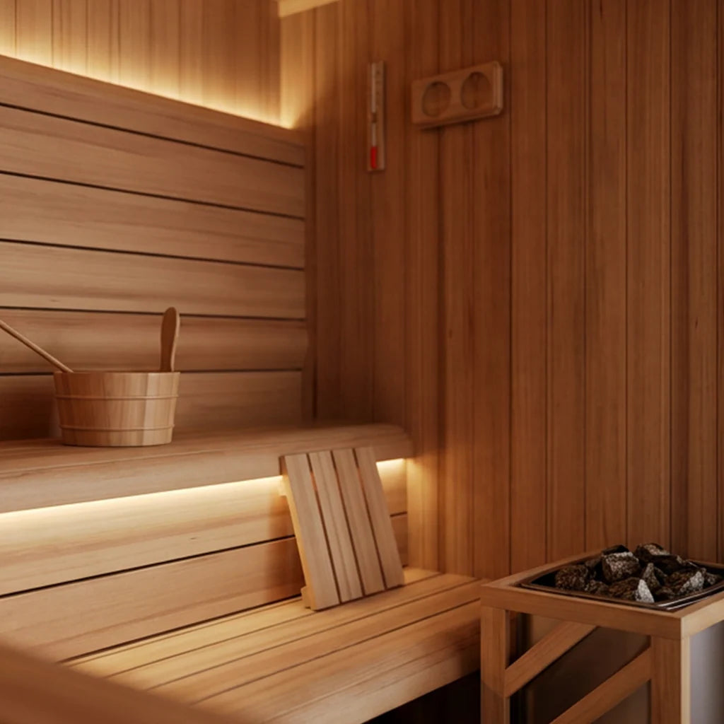 Interior view of a 4-person traditional sauna with seating and heater