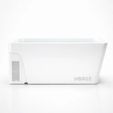 Norge N-01 ice bath in Black Matte finish with wooden stair and cover in home wellness space
