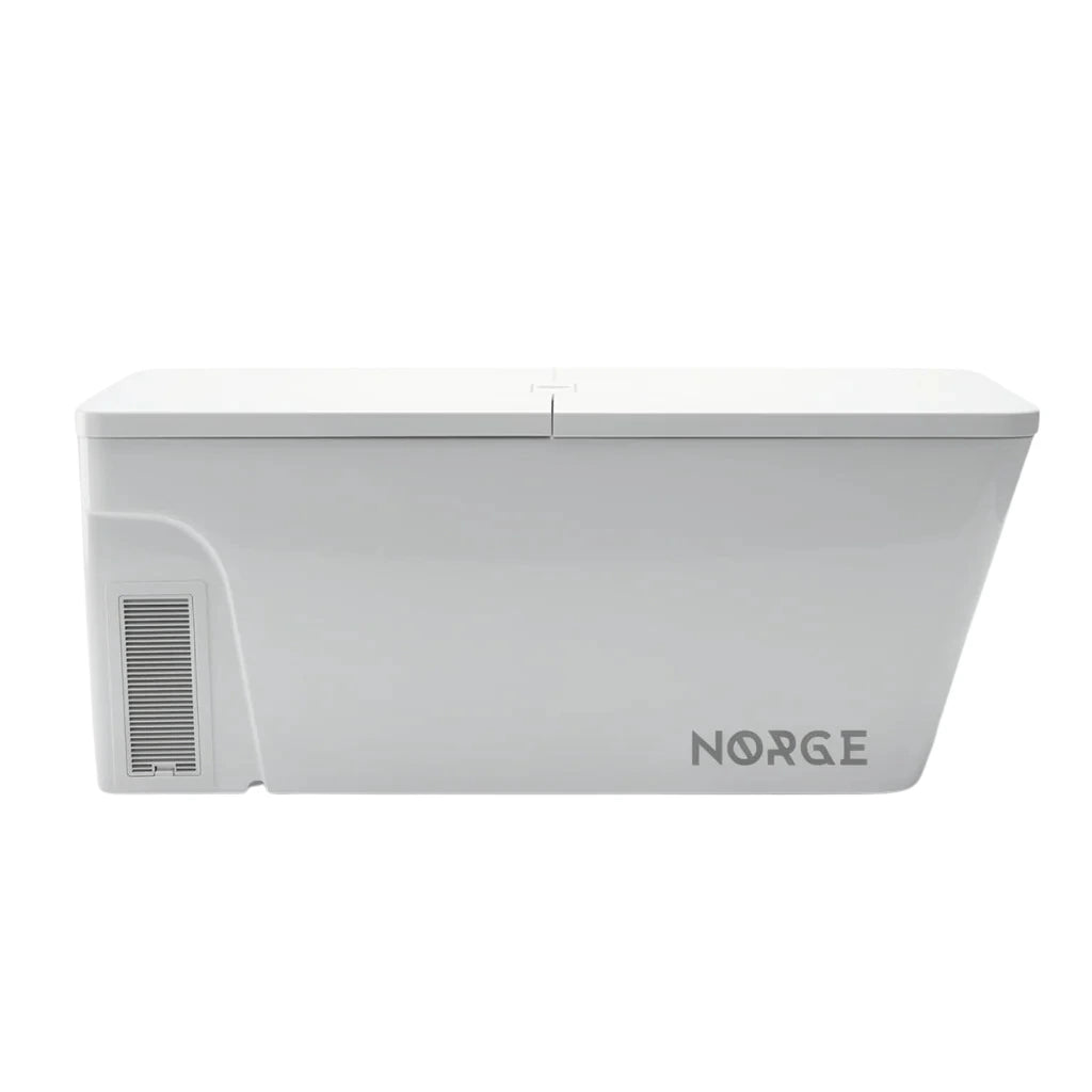 Front view of the white Norge N-01 Ice Bath unit with cover on top