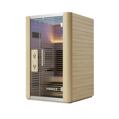 Angled view of a 2-person compact indoor infrared sauna with wooden exterior