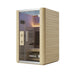 Angled view of a 2-person compact indoor infrared sauna with wooden exterior