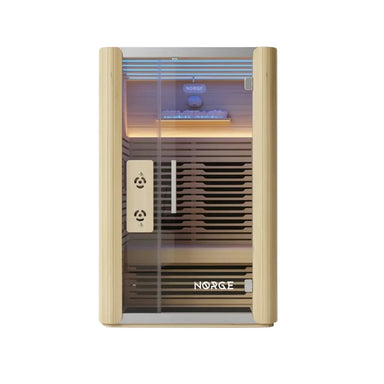 Front view of a 2-person indoor infrared sauna with glass door and timber exterior