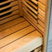 Close-up of a 2-person indoor infrared sauna timber material and wood grain detail