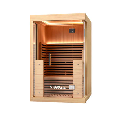 Angled view of a 2-person indoor infrared sauna with wooden exterior