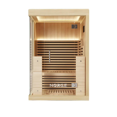 Front view of a 2-person indoor infrared sauna with glass door and timber exterior