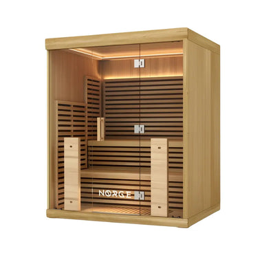 Angled view of a 4-person indoor infrared sauna with wooden exterior