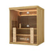 Angled view of a 4-person indoor infrared sauna with wooden exterior