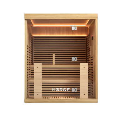 Front view of a 4-person indoor infrared sauna with glass door and timber exterior