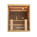 Front view of a 4-person indoor infrared sauna with glass door and timber exterior
