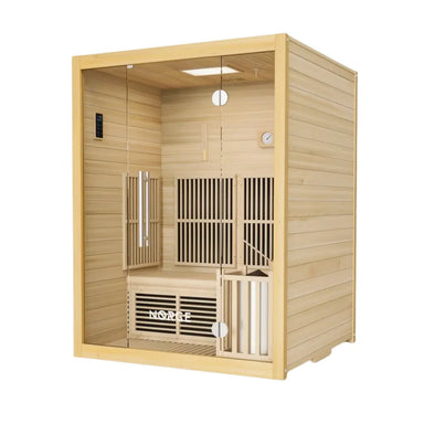 Angled view of a 2-person indoor hybrid sauna with wooden exterior