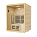 Angled view of a 2-person indoor hybrid sauna with wooden exterior