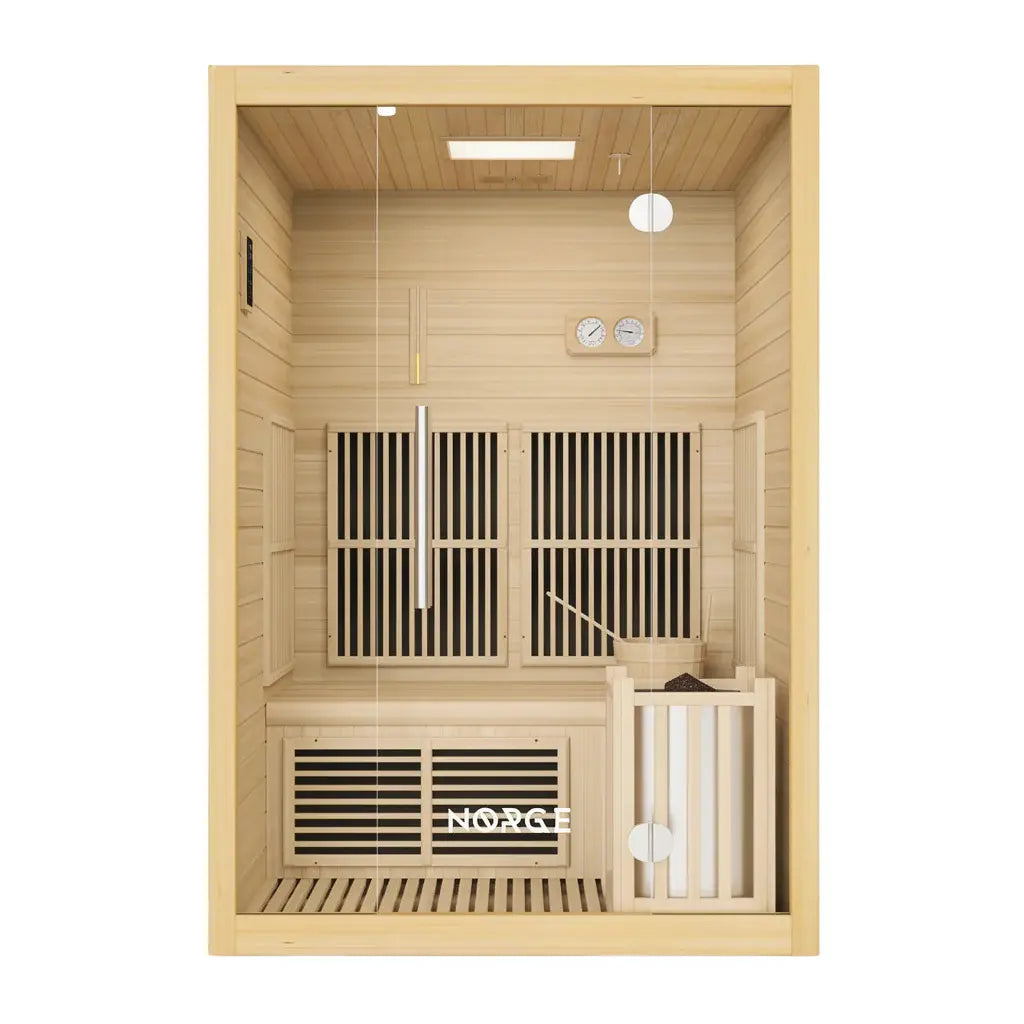 Front view of a 2-person indoor hybrid sauna with glass door and timber exterior