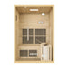 Front view of a 2-person indoor hybrid sauna with glass door and timber exterior