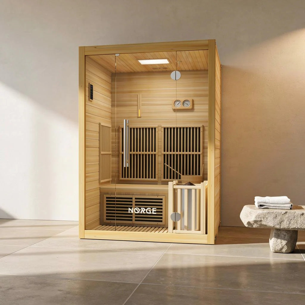 A 2-person indoor hybrid sauna in a lifestyle setting