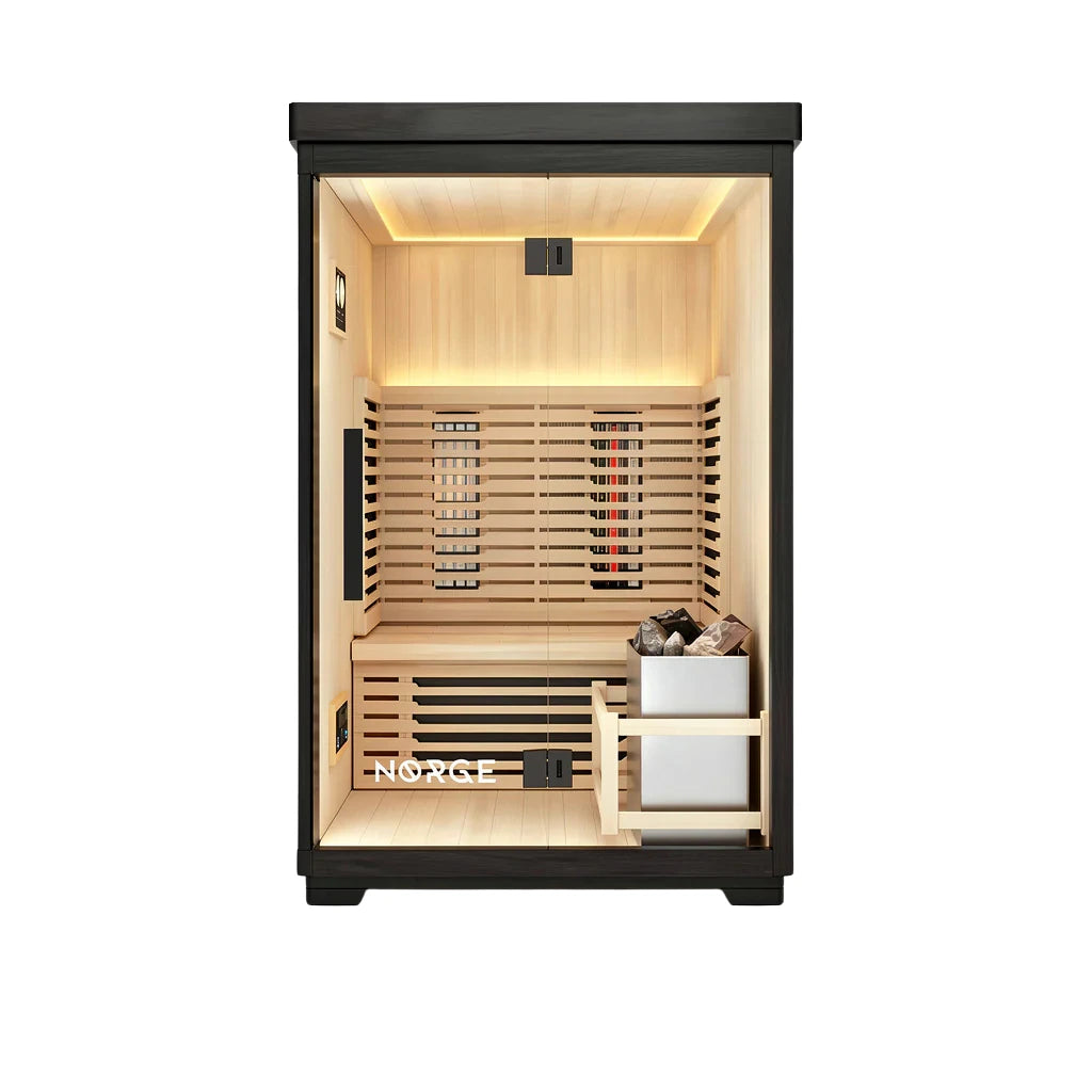 Front view of a 2-person outdoor hybrid sauna with glass door and black coated exterior