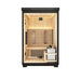 Front view of a 2-person outdoor hybrid sauna with glass door and black coated exterior