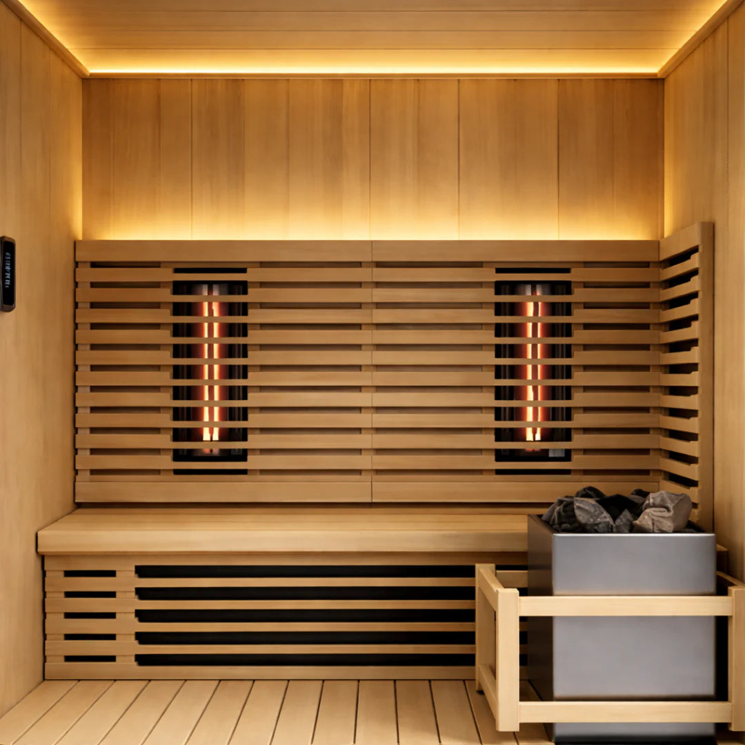 Interior view of a 2-person outdoor hybrid sauna with seats, infrared, and traditional heaters