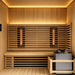 Interior view of a 2-person outdoor hybrid sauna with seats, infrared, and traditional heaters