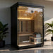 A 2-person outdoor hybrid sauna in a lifestyle setting