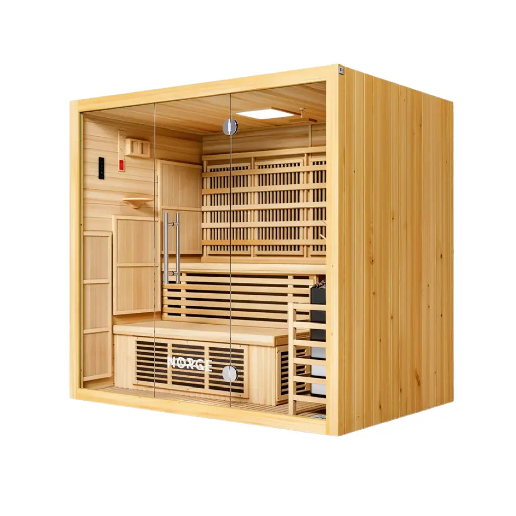 Angled view of a 4-person indoor hybrid sauna with wooden exterior